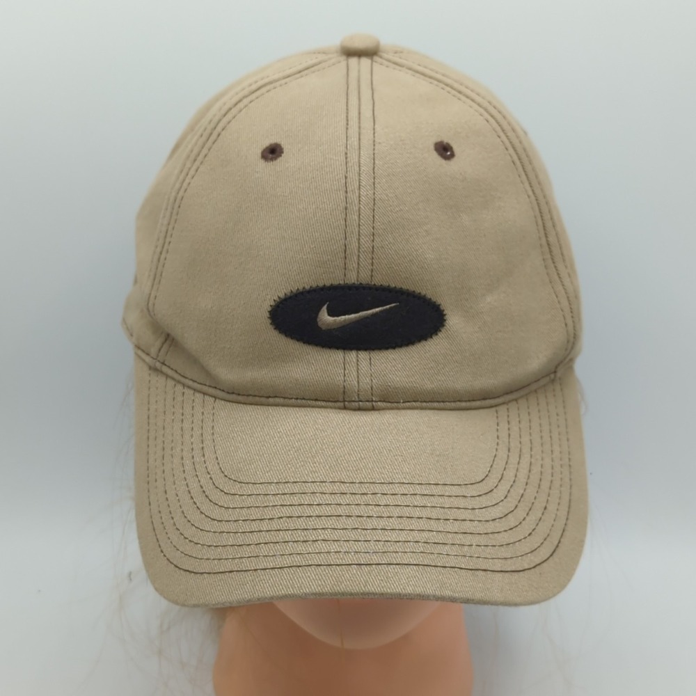 Vintage Nike Hat Center Swoosh Oval Logo Silver Tag Y2K Tan/Khaki Hook & Loop